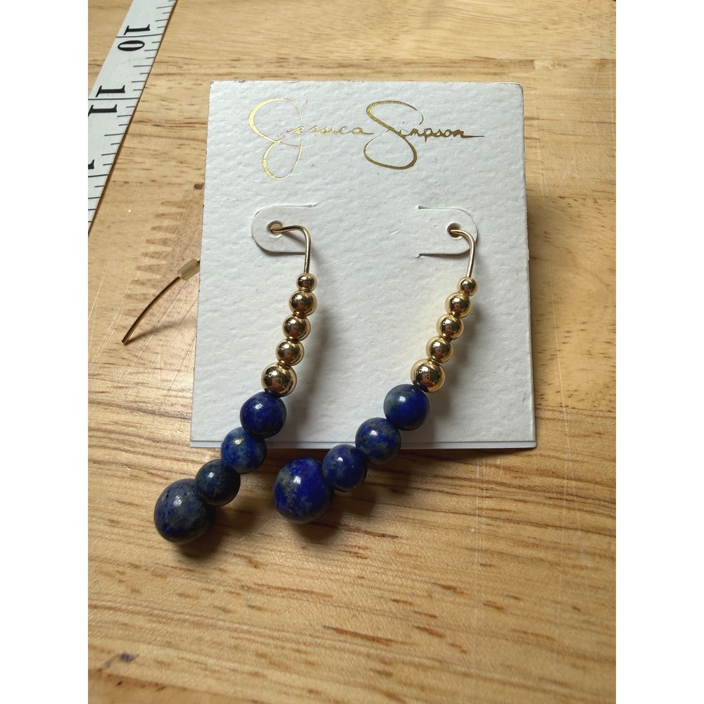 Jessica Simpson Gold Blue Lapis Lazuli Bead Drop Dangle Earrings Modern Classic